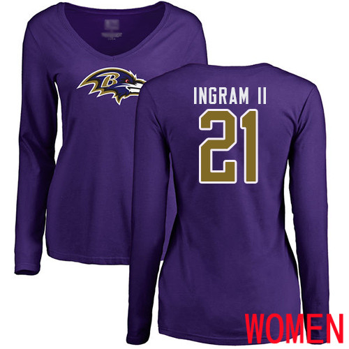 Baltimore Ravens Purple Women Mark Ingram II Name and Number Logo NFL Football #21 Long Sleeve T Shirt